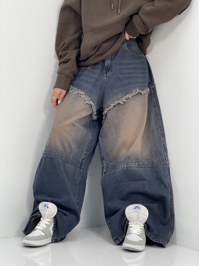 شلوار جین زنانه سوپر بگ آبی سنگشور قهوه ای