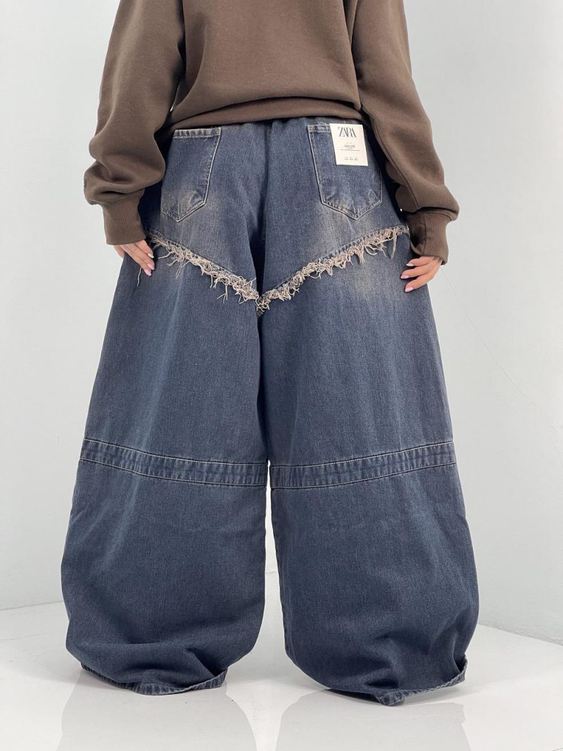 شلوار جین زنانه سوپر بگ آبی سنگشور قهوه ای