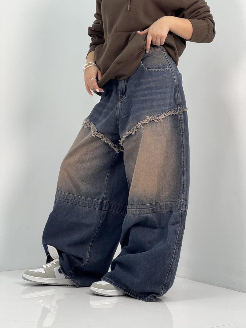 شلوار جین زنانه سوپر بگ آبی سنگشور قهوه ای