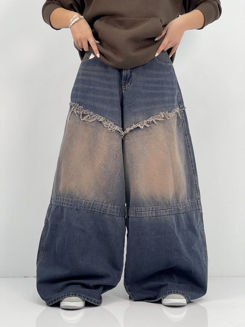 شلوار جین زنانه سوپر بگ آبی سنگشور قهوه ای