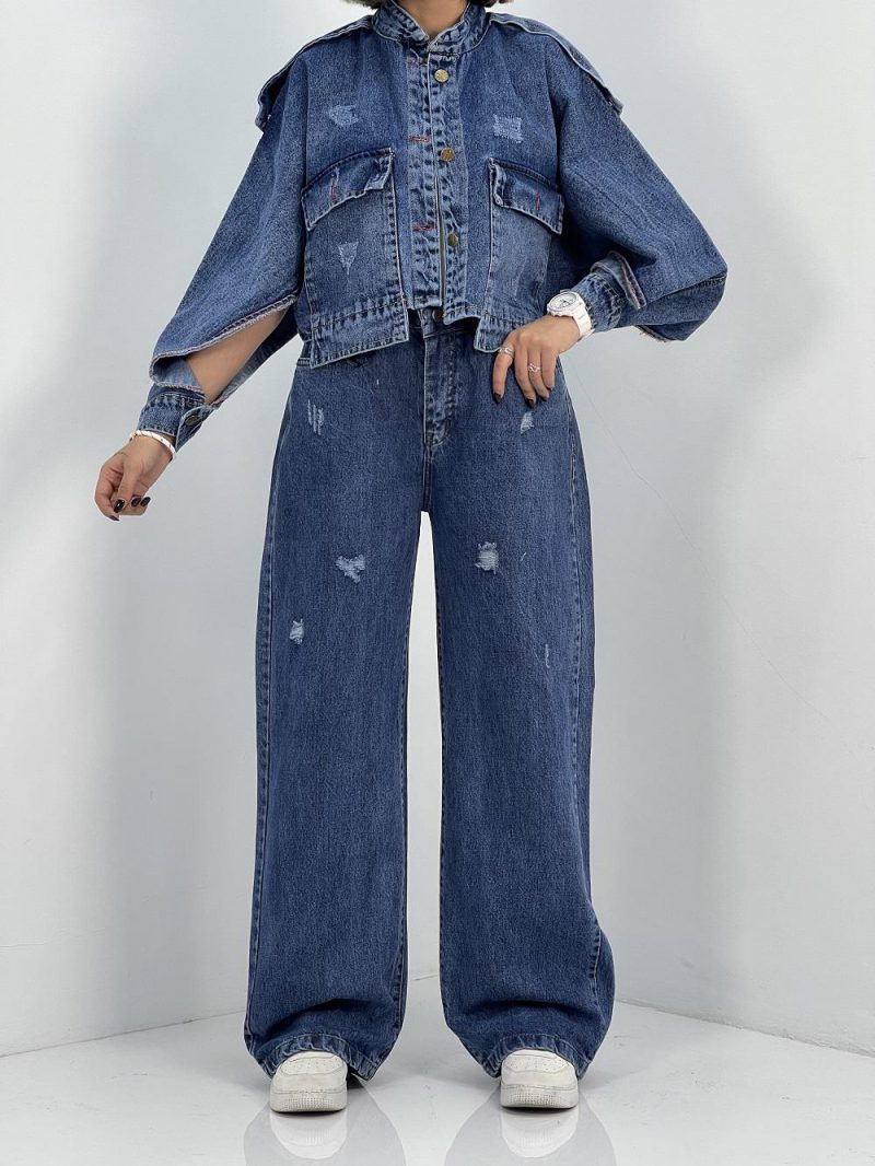 شلوار جین زنانه بگ کمرکش سایز بزرگ آبی تیره