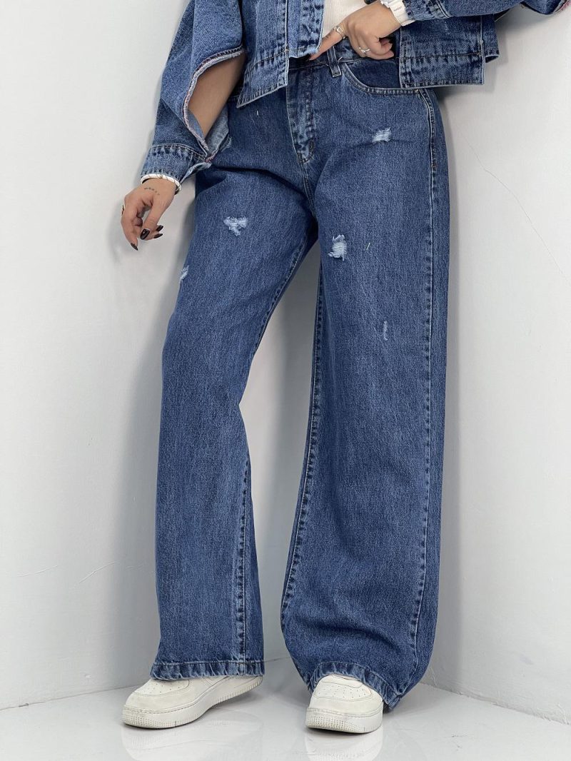 شلوار جین زنانه بگ کمرکش سایز بزرگ آبی تیره