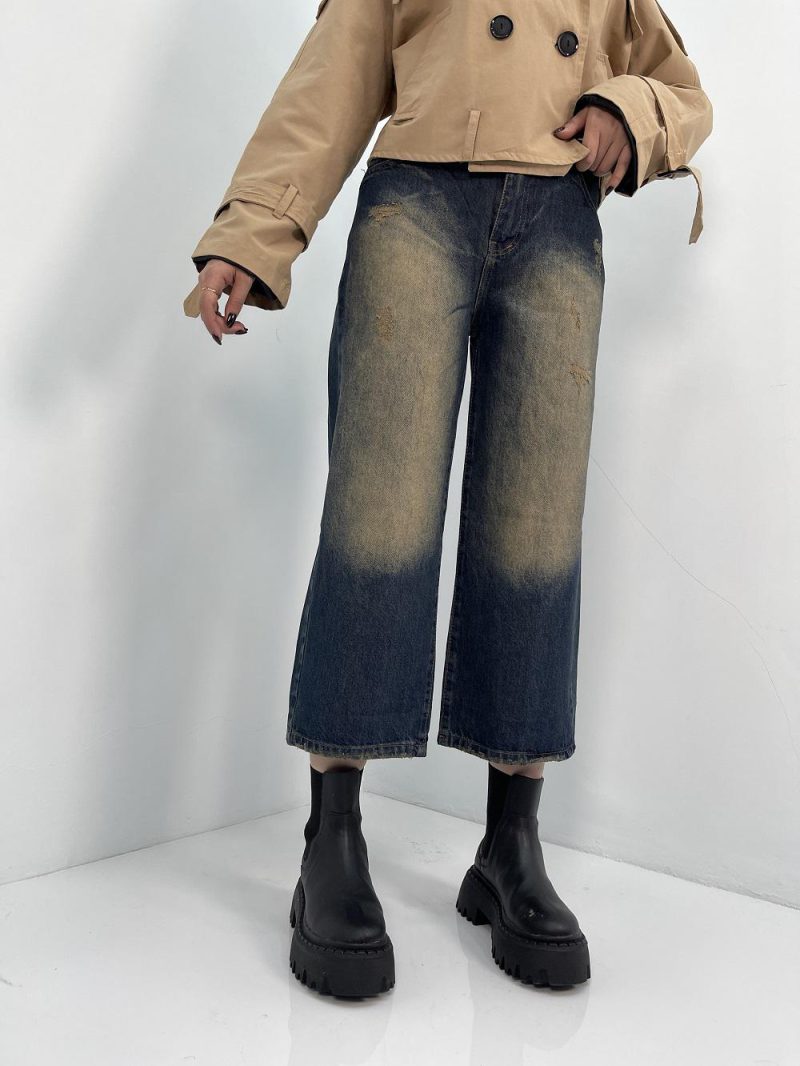 شلوار جین زنانه واید لگ سرمه ای با سنگشور کرم