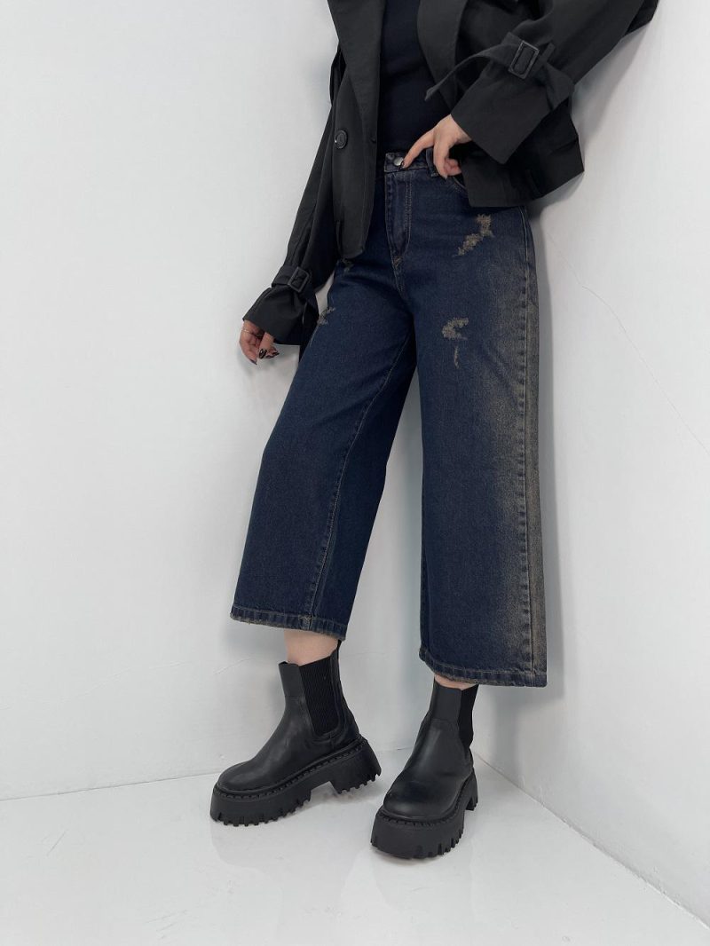 شلوار جین زنانه واید لگ با تینت بغل کرم