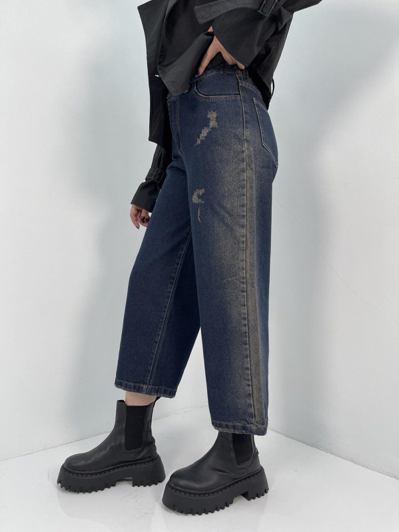 شلوار جین زنانه واید لگ با تینت بغل کرم