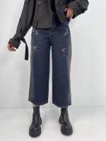 شلوار جین زنانه واید لگ با تینت بغل کرم
