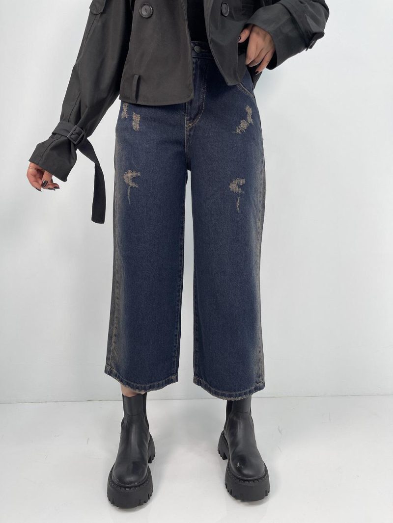 شلوار جین زنانه واید لگ با تینت بغل کرم