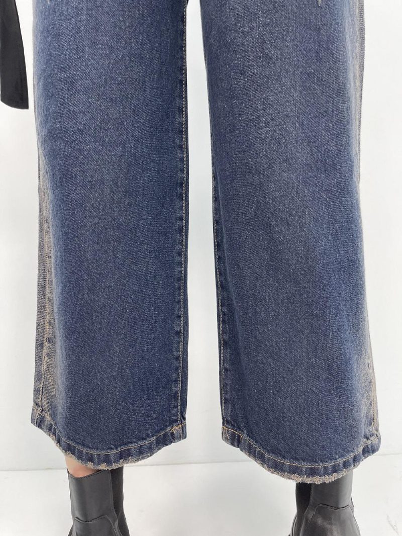 شلوار جین زنانه واید لگ با تینت بغل کرم