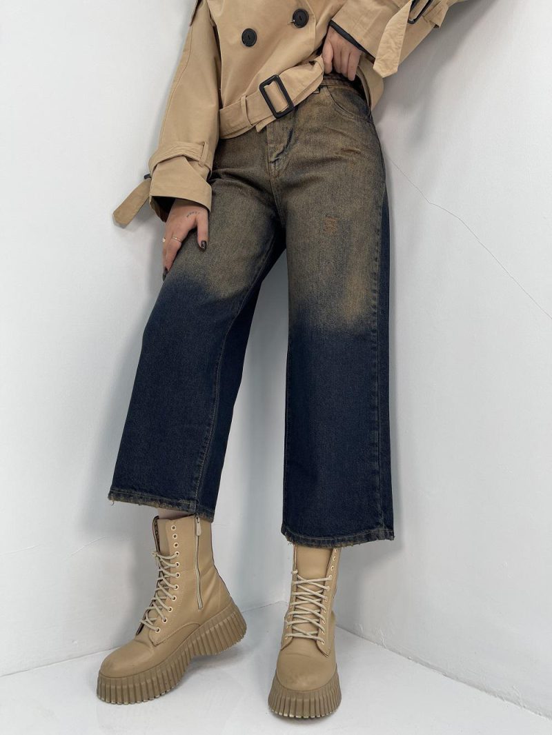 شلوار جین زنانه واید لگ با سنگشور کرم