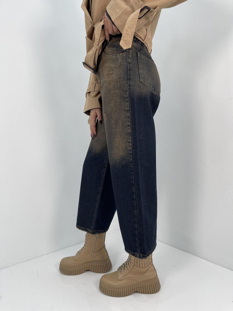 شلوار جین زنانه واید لگ با سنگشور کرم