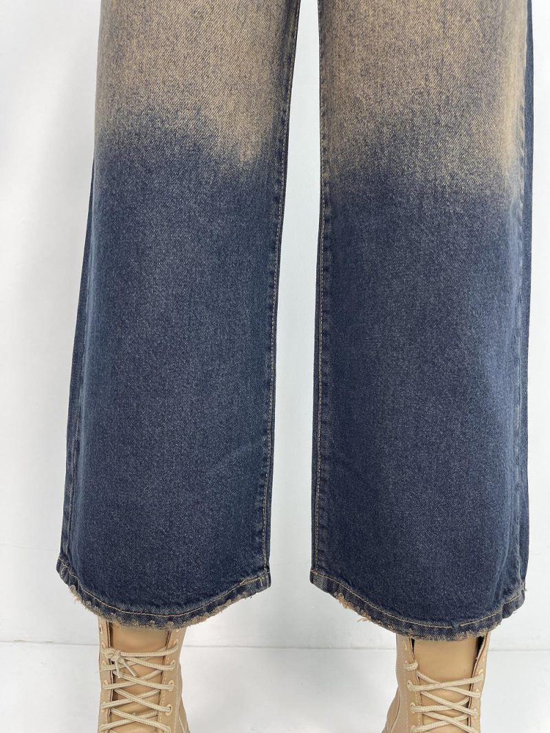 شلوار جین زنانه واید لگ با سنگشور کرم