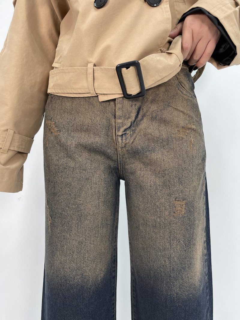 شلوار جین زنانه واید لگ با سنگشور کرم