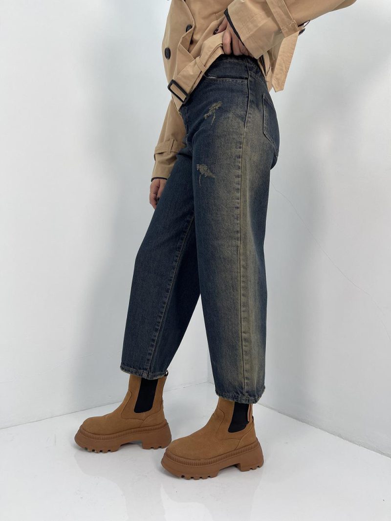 شلوار جین زنانه واید لگ با سنگشور کرم بغل