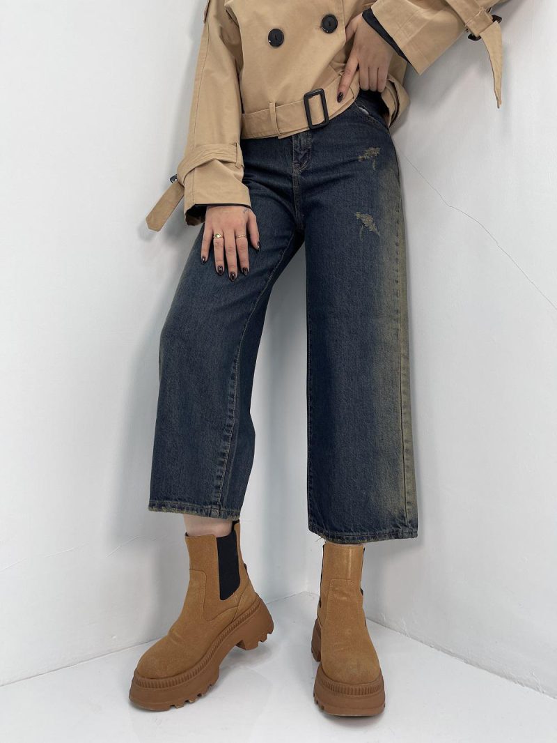 شلوار جین زنانه واید لگ با سنگشور کرم بغل