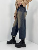 شلوار جین زنانه واید لگ سرمه ای با سنگشور کرم