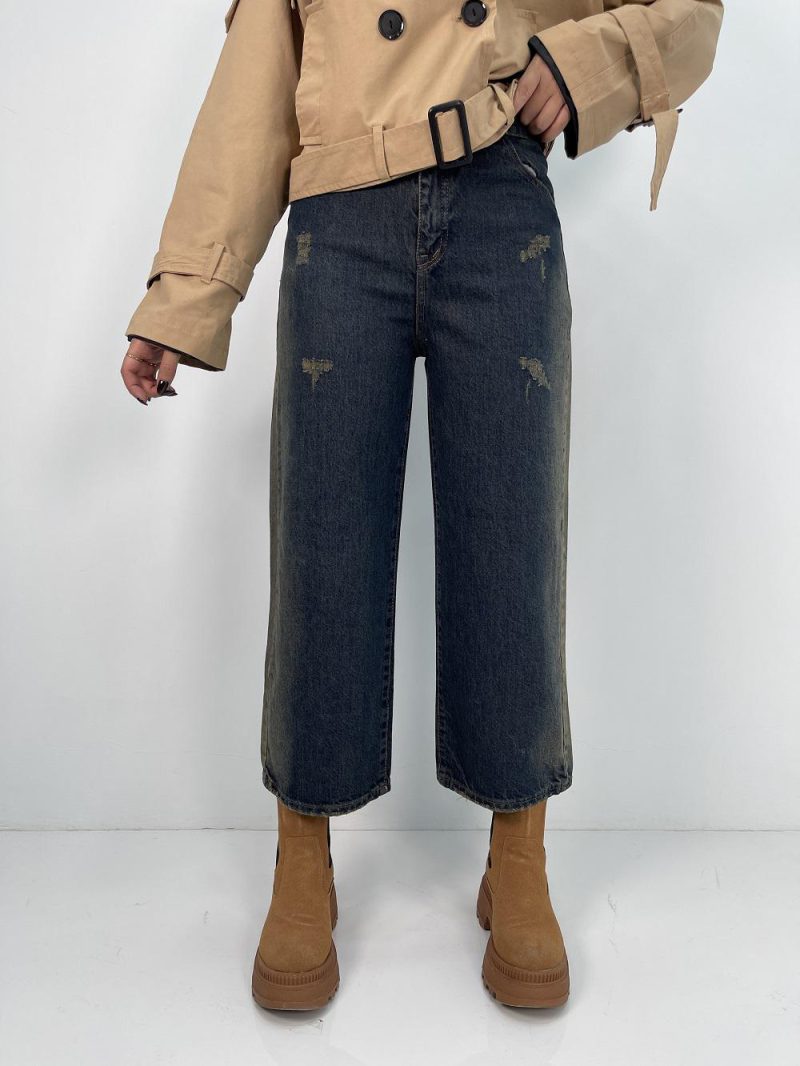 شلوار جین زنانه واید لگ با سنگشور کرم بغل