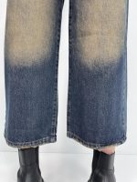 شلوار جین زنانه واید لگ سرمه ای با سنگشور کرم