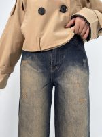 شلوار جین زنانه واید لگ سرمه ای با سنگشور کرم