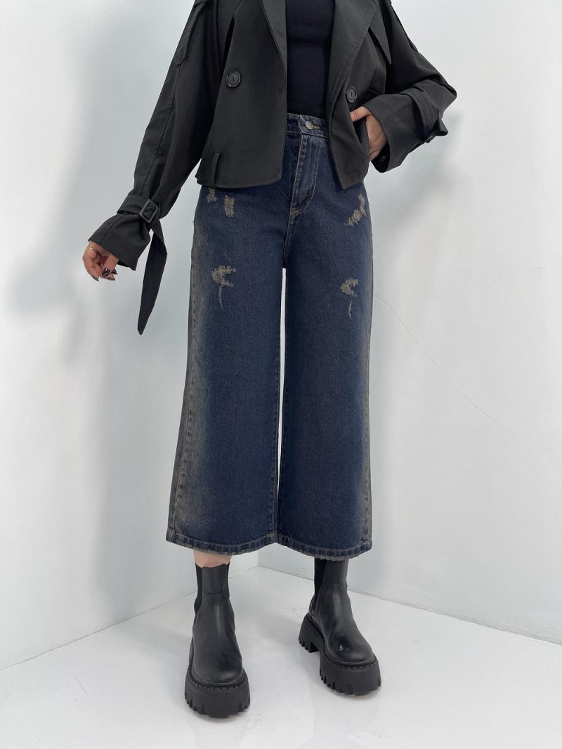 شلوار جین زنانه واید لگ با تینت بغل کرم