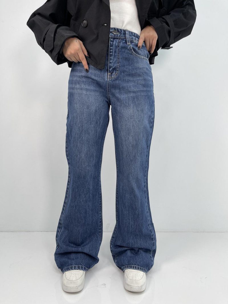 شلوار جین زنانه واید لگ بلند آبی تیره