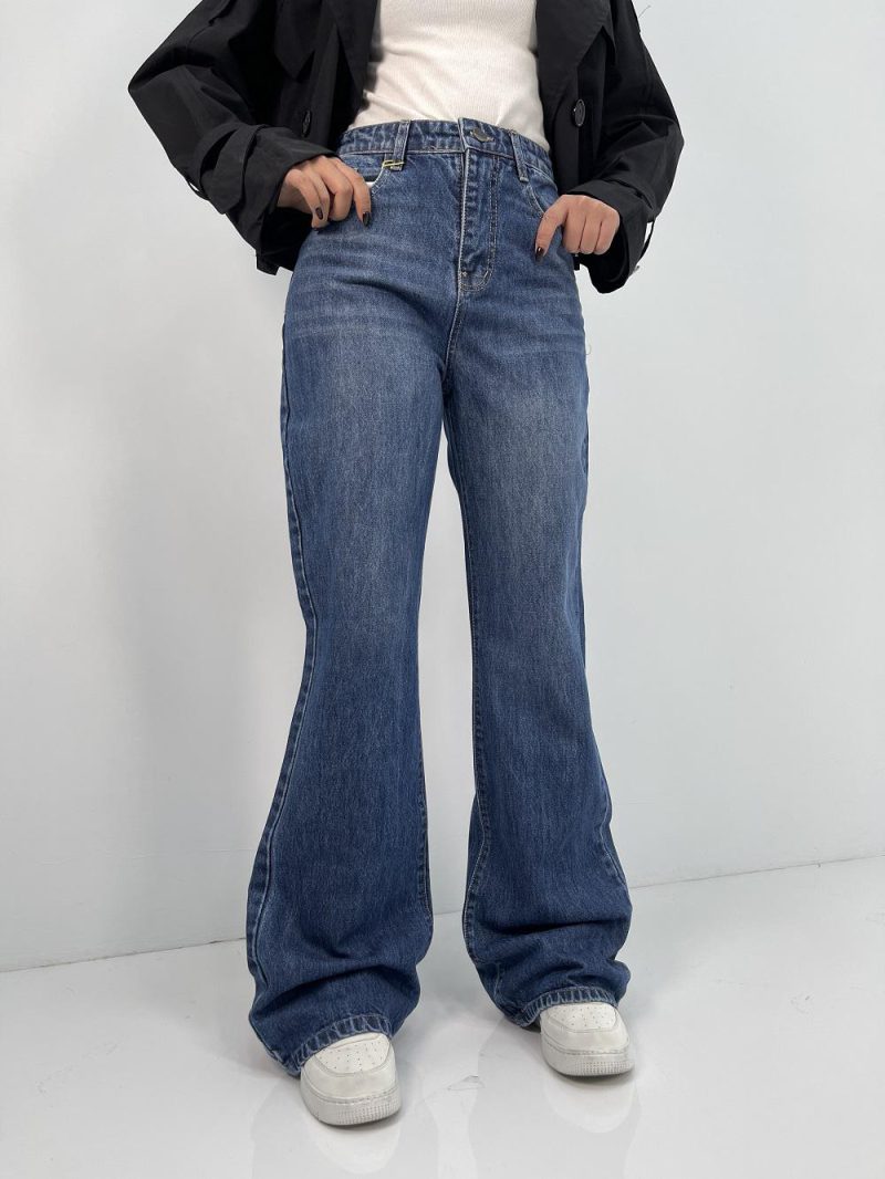 شلوار جین زنانه واید لگ بلند آبی تیره