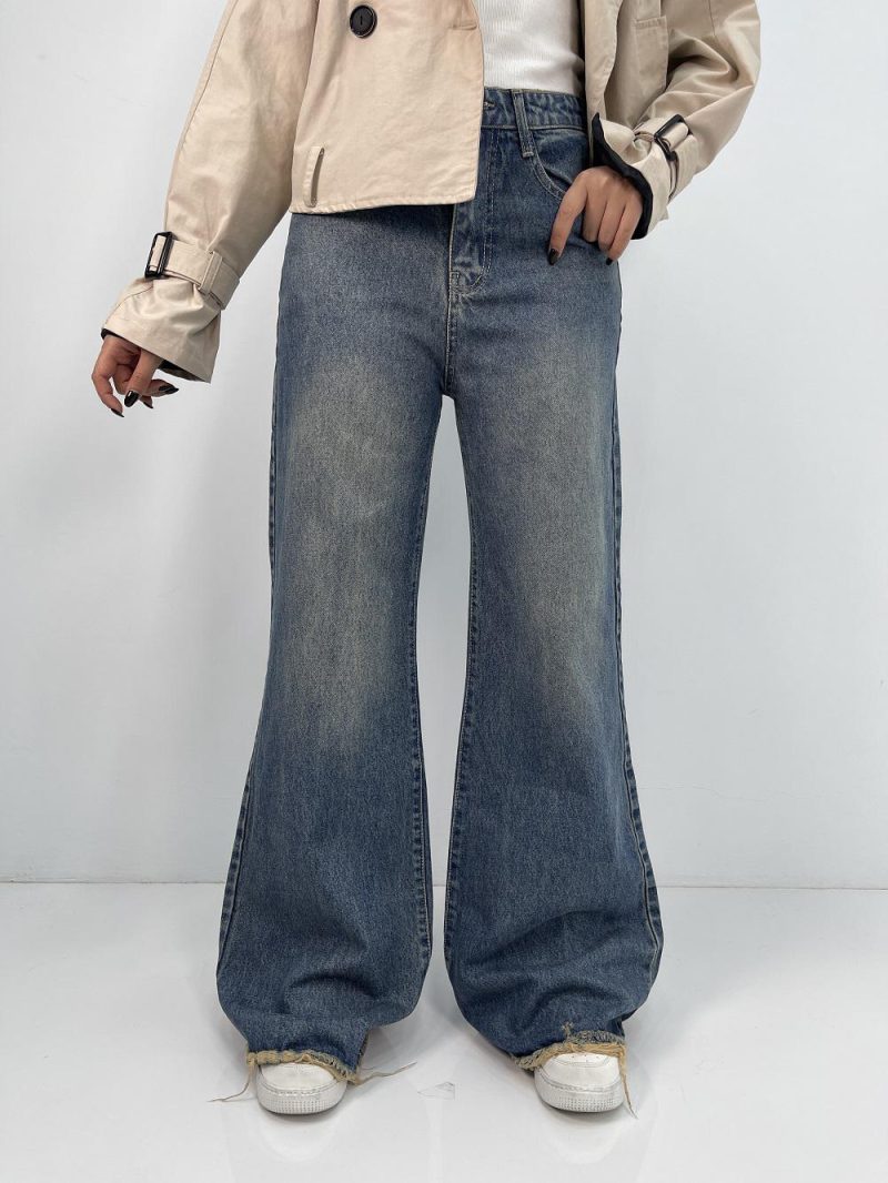 شلوار جین زنانه واید لگ بلند آبی تیره