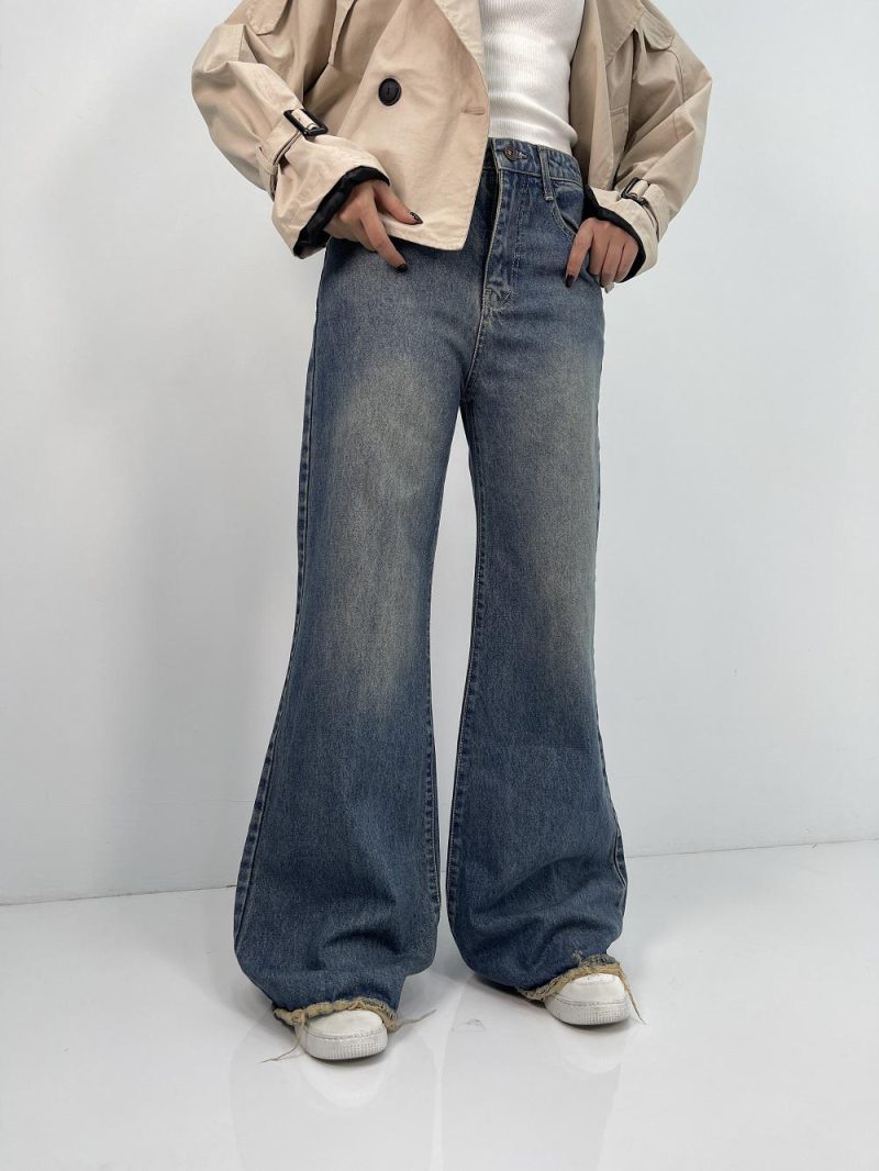 شلوار جین زنانه واید لگ بلند آبی تیره