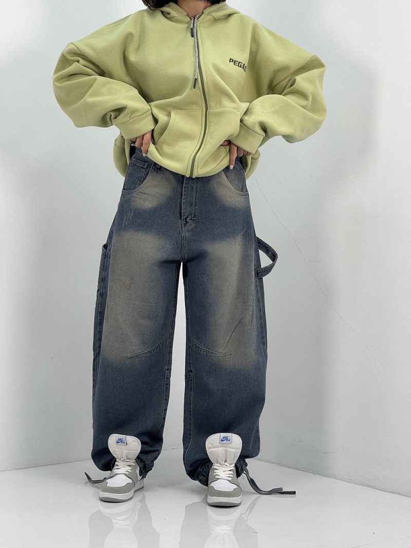 شلوار جین زنانه بالونی کارپنتری آبی سنگشور کرم