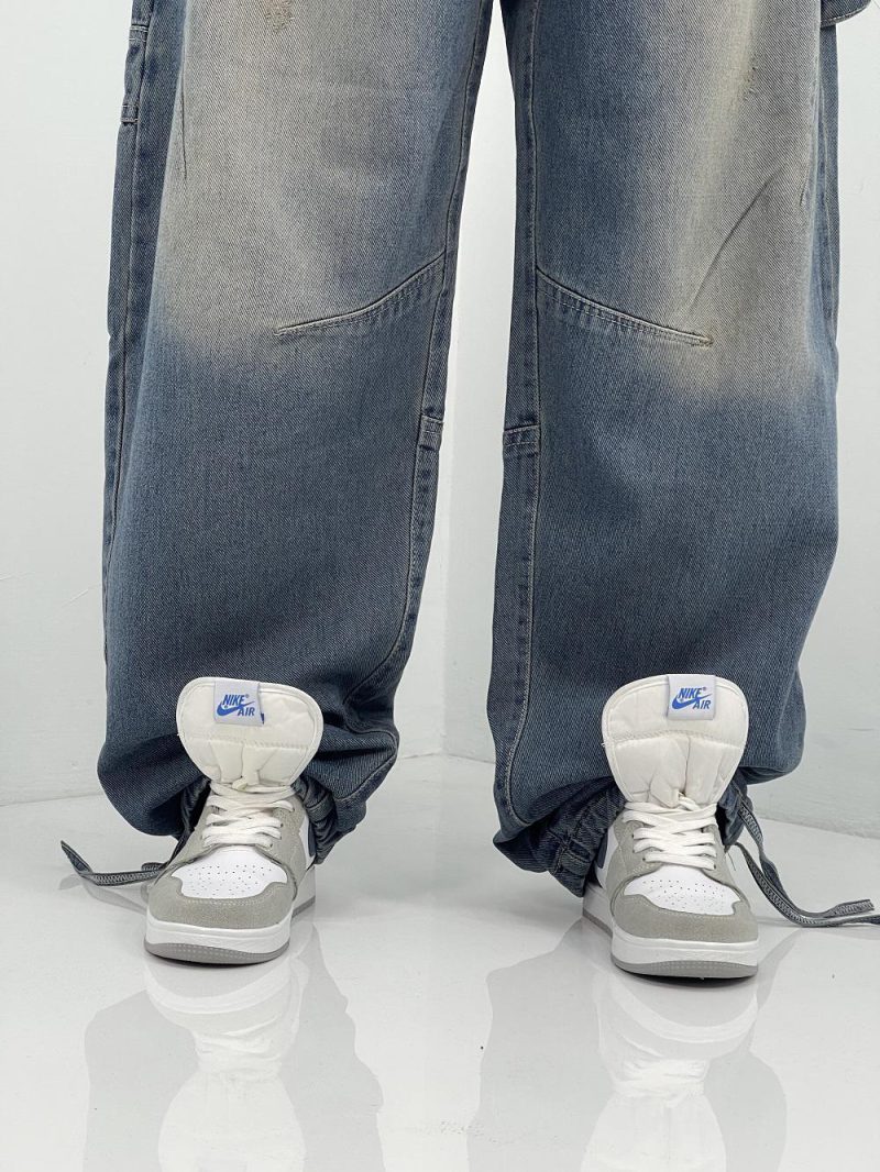 شلوار جین زنانه بالونی کارپنتری آبی سنگشور کرم