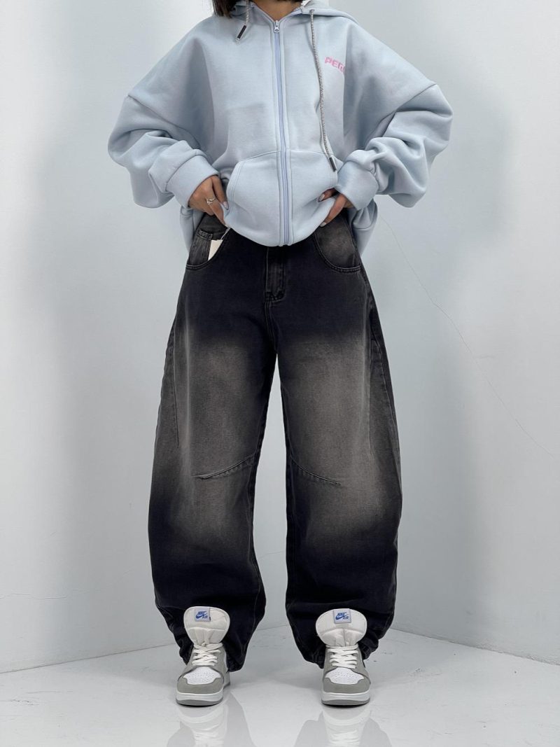 شلوار جین زنانه بالونی زغالی با سنگشور سفید