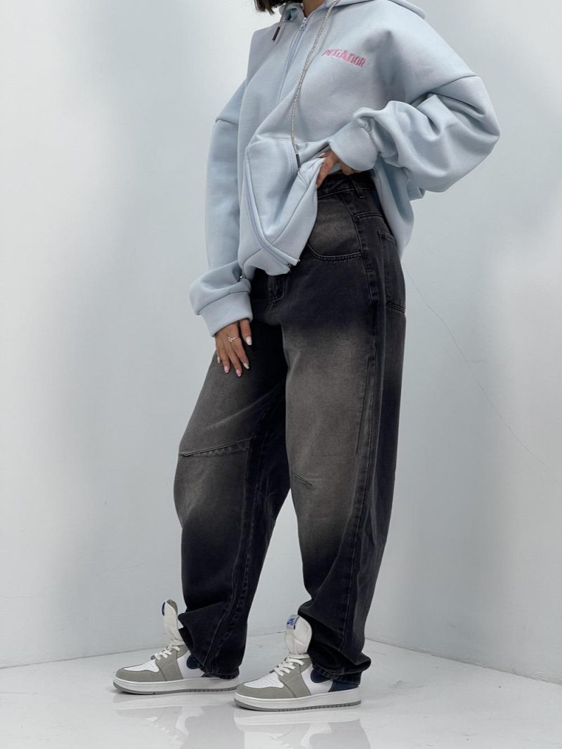 شلوار جین زنانه بالونی زغالی با سنگشور سفید