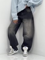 شلوار جین زنانه بالونی زغالی با سنگشور سفید