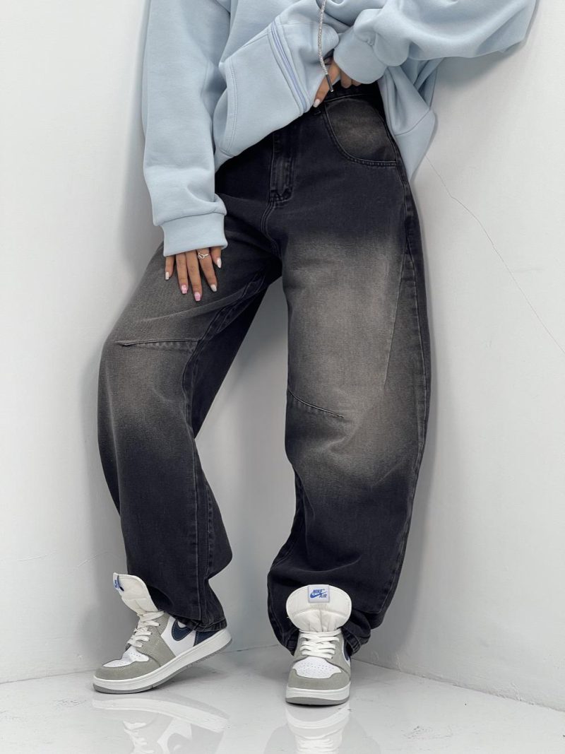 شلوار جین زنانه بالونی زغالی با سنگشور سفید