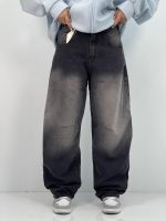 شلوار جین زنانه بالونی زغالی با سنگشور سفید