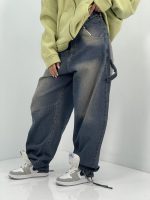 شلوار جین زنانه بالونی کارپنتری آبی سنگشور کرم