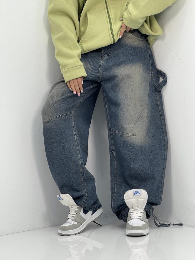شلوار جین زنانه بالونی کارپنتری آبی سنگشور کرم