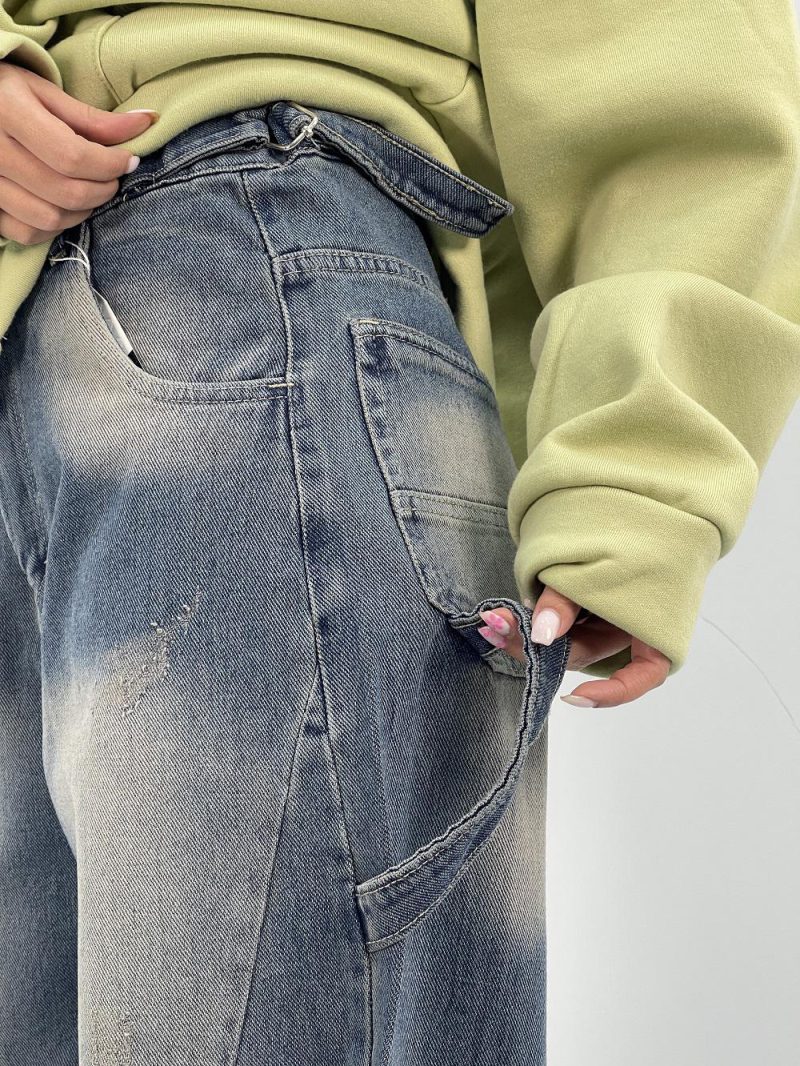 شلوار جین زنانه بالونی کارپنتری آبی سنگشور کرم