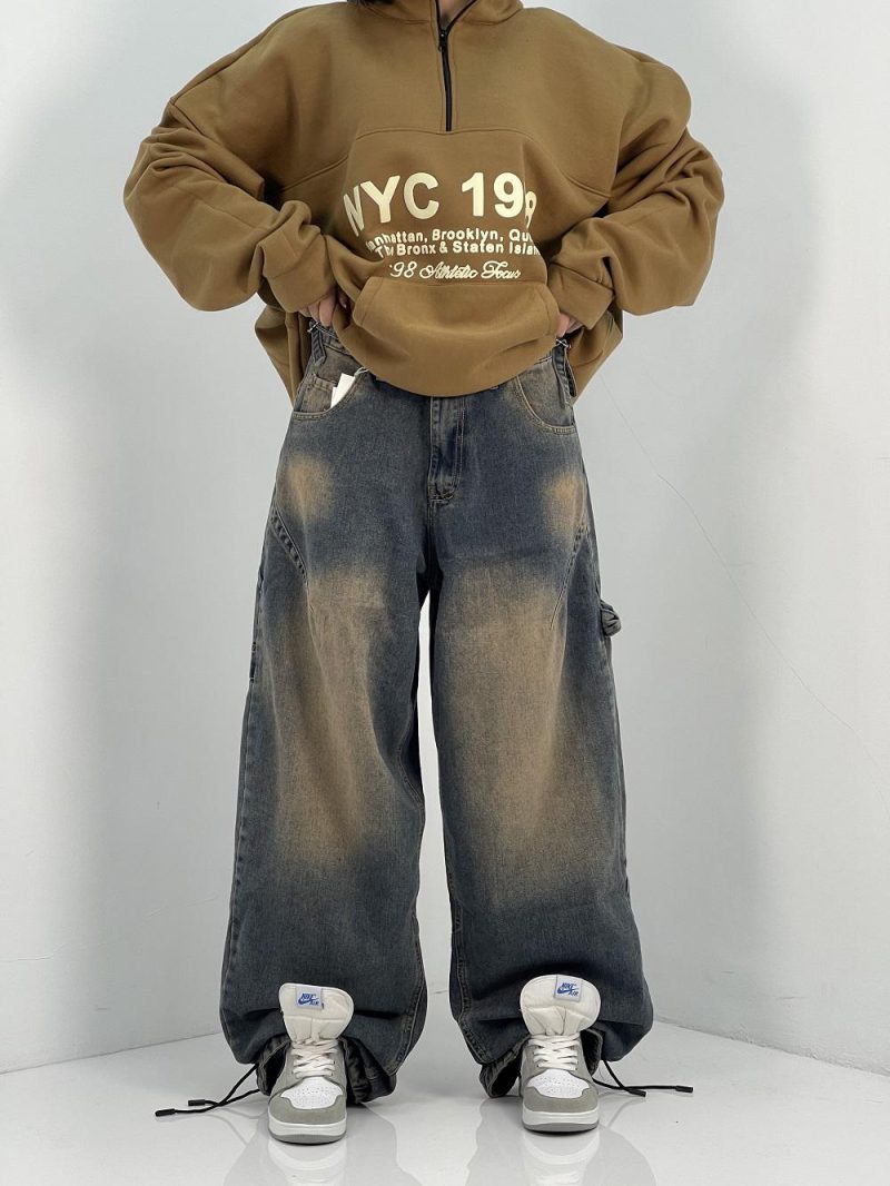 شلوار جین زنانه بالونی مکس کارپنتری با سنگشور قهوه ای