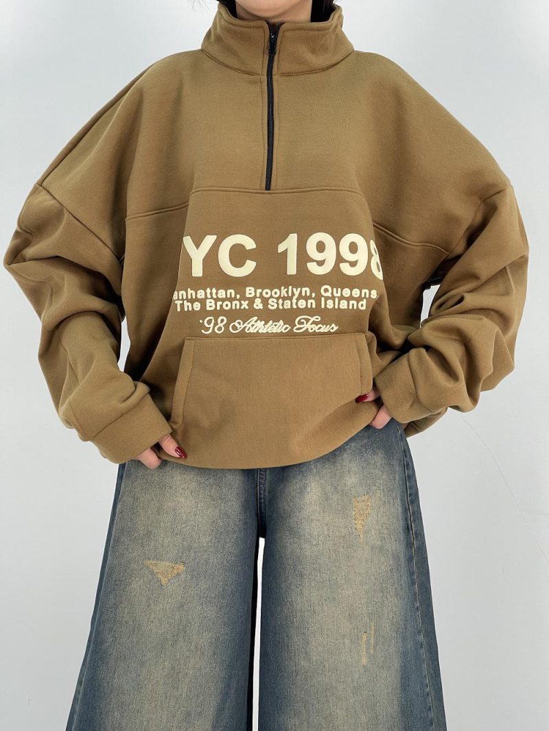 دورس نیم زیپ دخترانه قوار باکسی قهوه ای