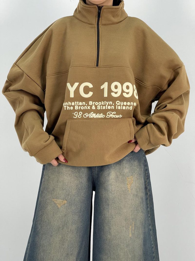 دورس نیم زیپ دخترانه قوار باکسی قهوه ای