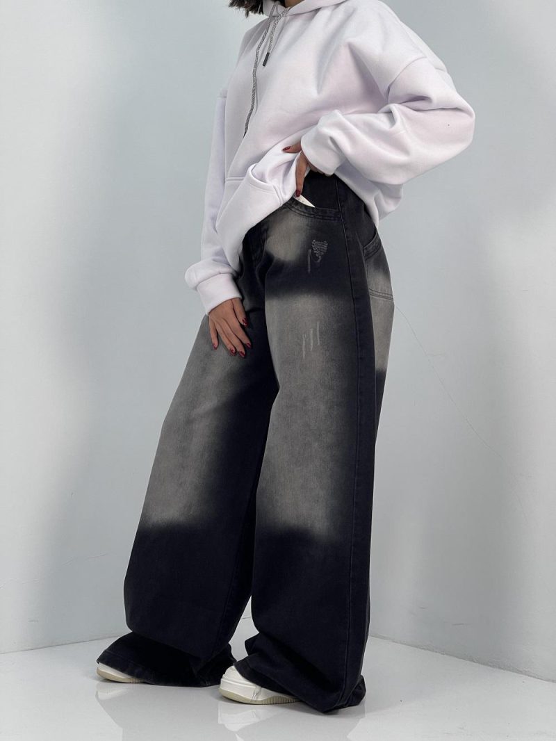 شلوار جین زنانه سوپر بگ مشکی با سنگشور سفید