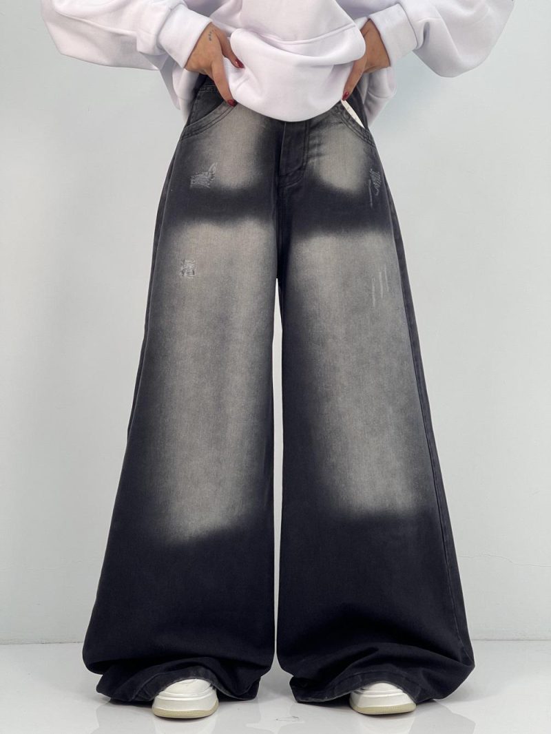 شلوار جین زنانه سوپر بگ مشکی با سنگشور سفید