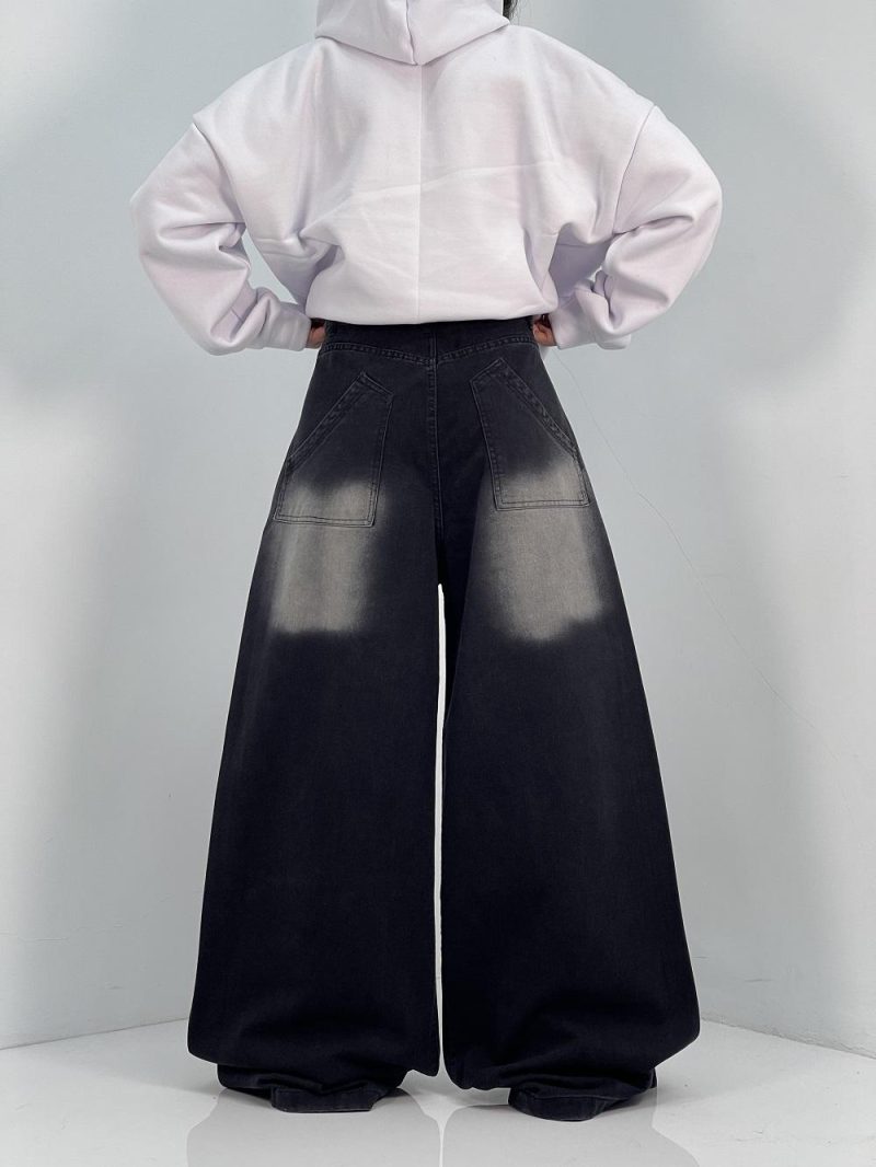 شلوار جین زنانه سوپر بگ مشکی با سنگشور سفید