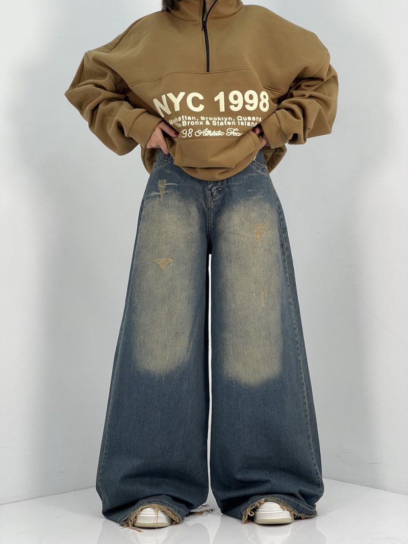 شلوار جین زنانه سوپر بگ آبی با تینت سبز سنگشور کرم