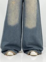 شلوار جین زنانه سوپر بگ آبی با تینت سبز سنگشور کرم