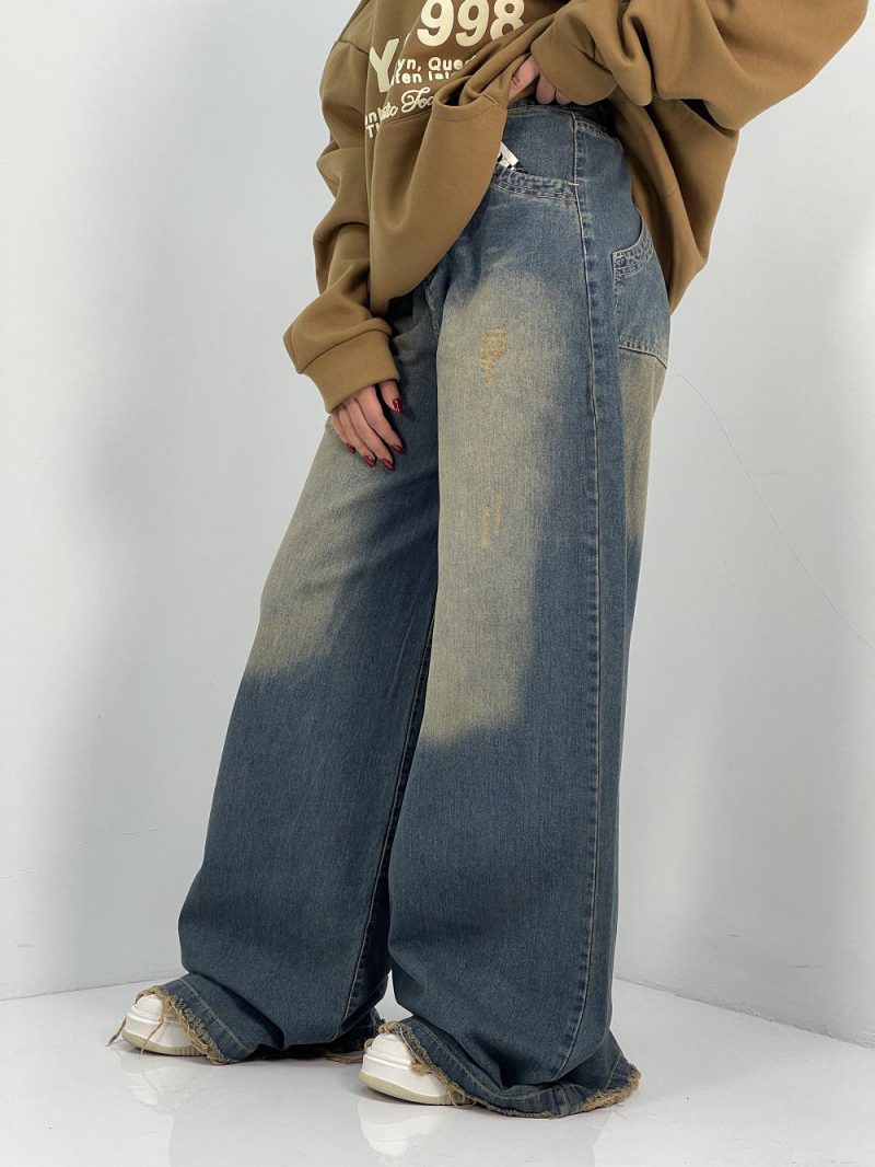 شلوار جین زنانه سوپر بگ آبی با تینت سبز سنگشور کرم