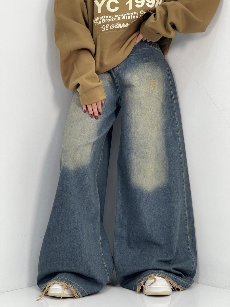 شلوار جین زنانه سوپر بگ آبی با تینت سبز سنگشور کرم