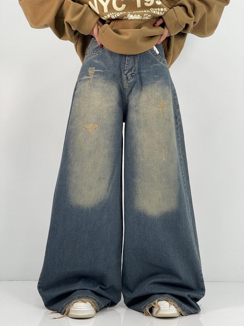 شلوار جین زنانه سوپر بگ آبی با تینت سبز سنگشور کرم