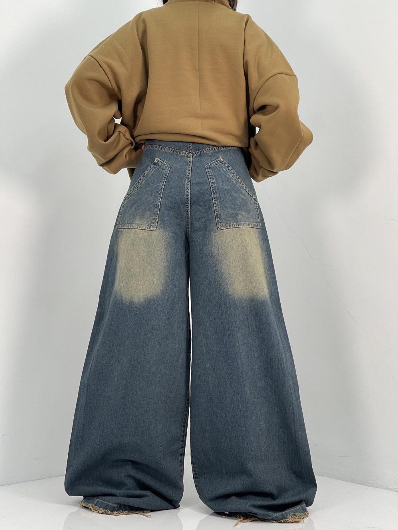 شلوار جین زنانه سوپر بگ آبی با تینت سبز سنگشور کرم