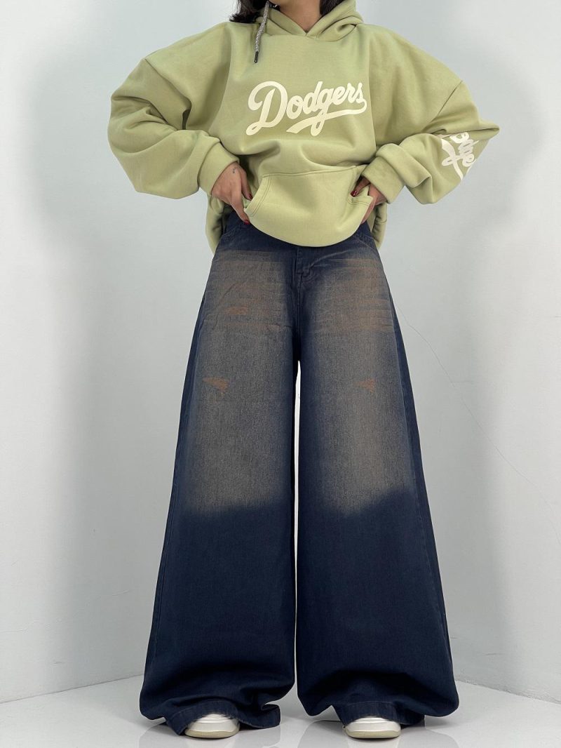 شلوار جین زنانه سوپر بگ سرمه ای با سنگشور کرم